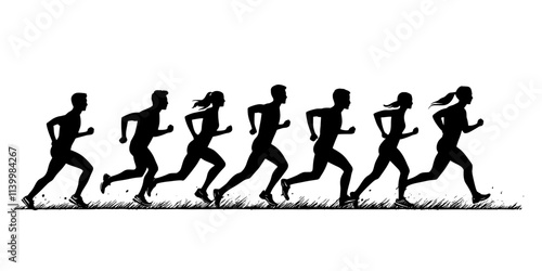 Individuals focusing on form and technique while running barefoot, Vectorized Art