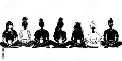 Individuals focusing on their inner peace during sound bath meditations, Vectorized Art