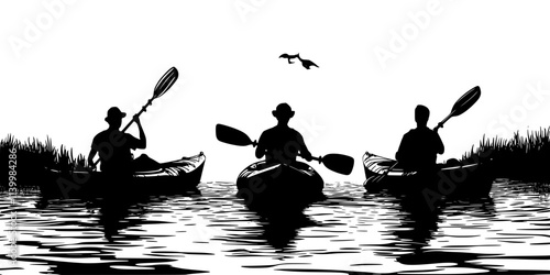 Participants launching kayaks at dawn for a day of fishing in open waters, Vectorized Art