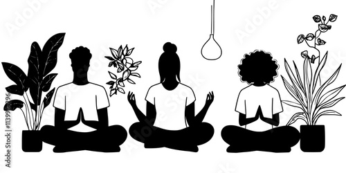 Individuals practicing guided meditation in a comfortable indoor setting, Vectorized Art