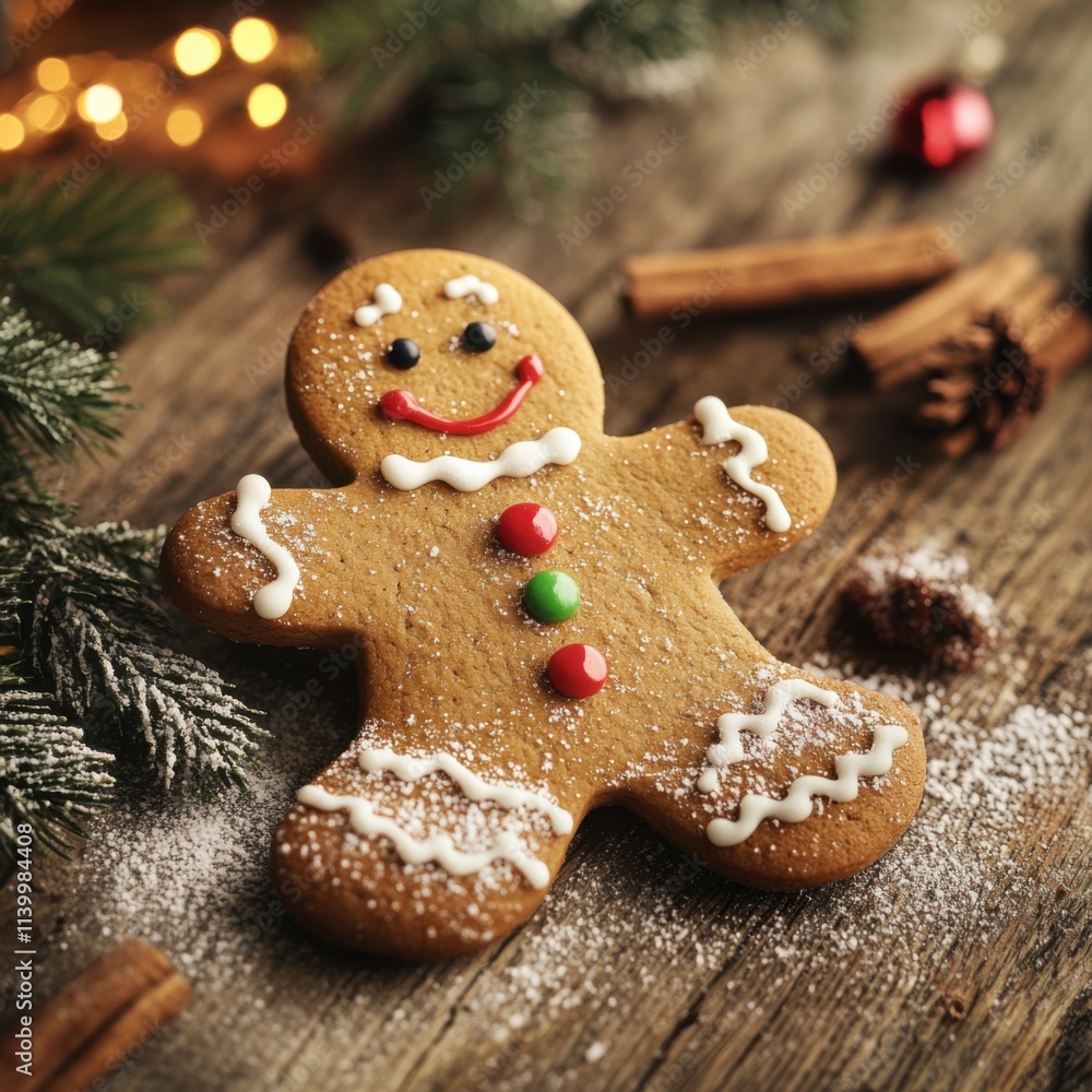 Gingerbread cookie decorated with icing and candy on a rustic wooden table during the holiday season