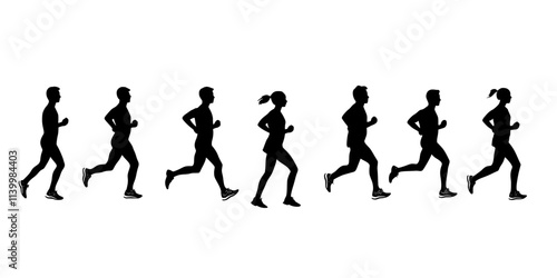 Runners timing their pace during a marathon training session, Vectorized Art
