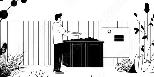 Man building a compost bin from wood panels to place in the garden, Vectorized Art