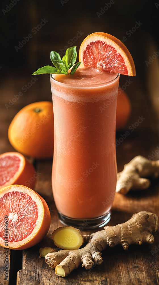 Tangy grapefruit and ginger smoothie garnished with basil and grapefruit wedge Tangy grapefruit and ginger smoothie garnished with basil and grapefruit wedge