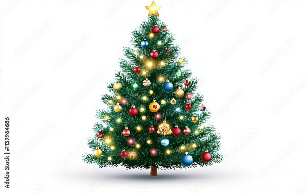 Decorated christmas tree with ornaments and lights, bright white background for festive holiday designs Decorated christmas tree with ornaments and lights, bright white background for festive holiday designs