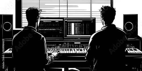 Musician interacting with a producer during a recording session in a studio, Vectorized Art