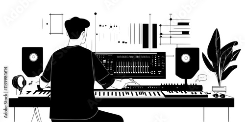 Musician adjusting audio levels for instruments while mixing jazz tracks, Vectorized Art
