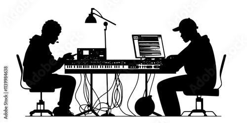Musician collaborating with others online to produce electronic music tracks, Vectorized Art