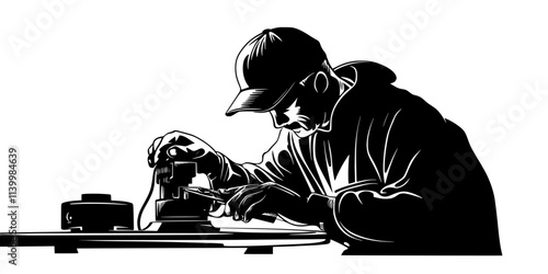 Metal artist smoothing rough edges of a sculpture with a grinder, Vectorized Art