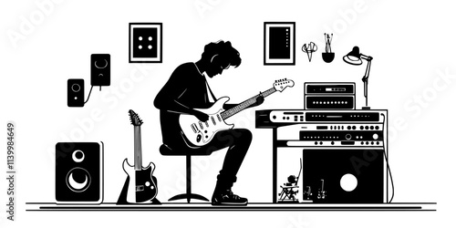 Musician playing electric guitar while recording in a studio, Vectorized Art