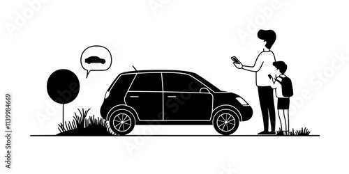 Parent booking a rental car for a family trip using a mobile phone, Vectorized Art
