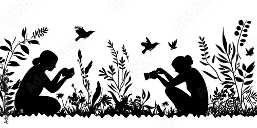 Participants adjusting camera settings to ensure sharp, detailed shots of birds, Vectorized Art