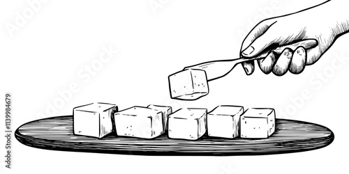 Paneer being sliced on a cutting board for use in a curry, Vectorized Art