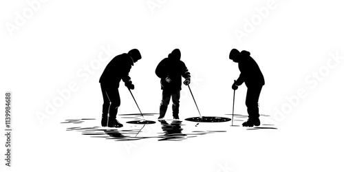 Cutting ice holes and using sonar to track fish under the ice, Vectorized Art
