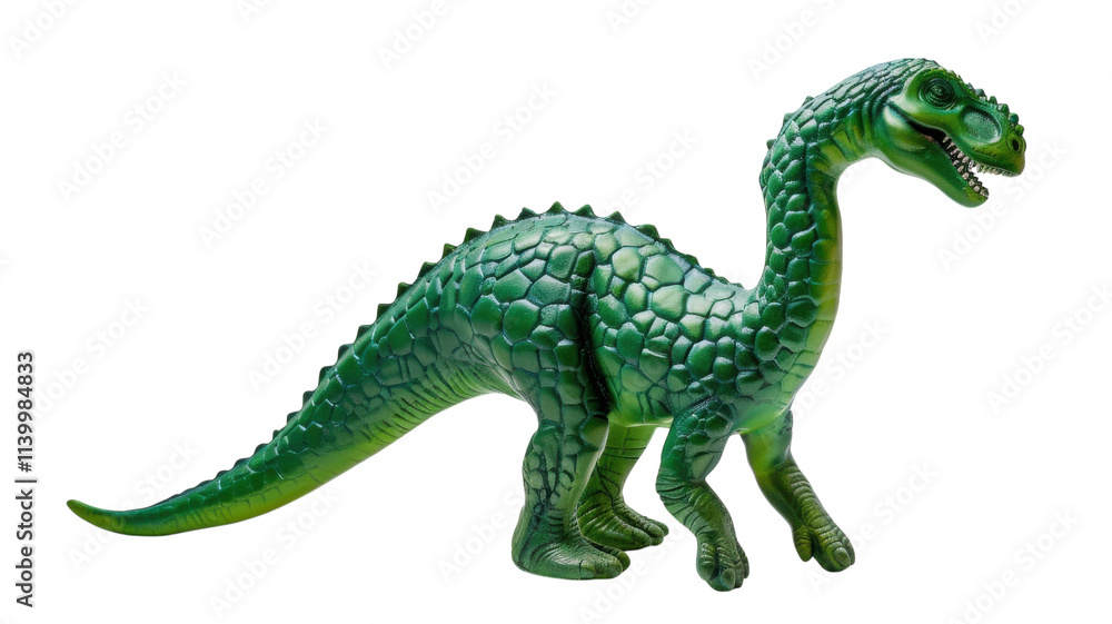 Naklejka premium Green dinosaur figurine stands proudly on a vibrant orange background, capturing the essence of prehistoric imagination and adventure