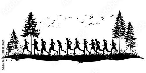 Participants gathering at the starting line of a trail running event, Vectorized Art