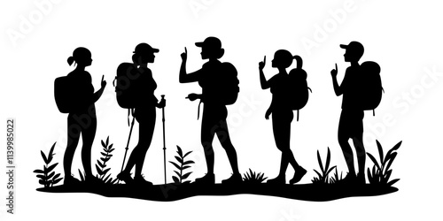 Participants pausing at a scenic lookout point along a long-distance hiking trail, Vectorized Art