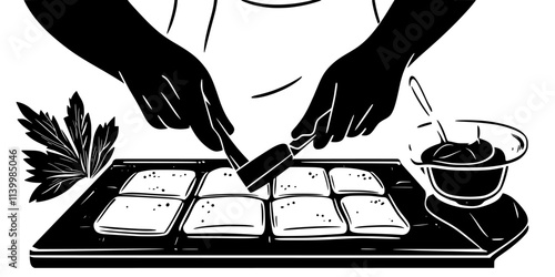 Pastry dough being cut into even squares for preparing a dessert dish, Vectorized Art