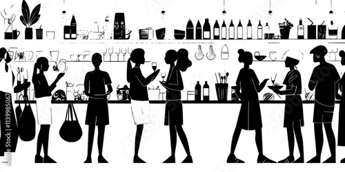 People tasting local delicacies in a traditional market during a guided culinary tour, Vectorized Art