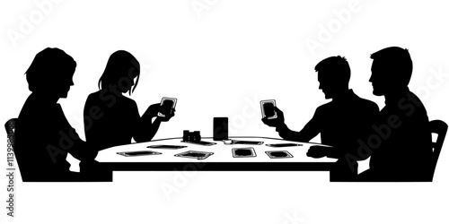 Participants holding game cards while considering the most strategic moves for their objectives, Vectorized Art