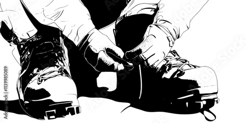 Person attaching crampons to boots while preparing for a mountaineering expedition, Vectorized Art