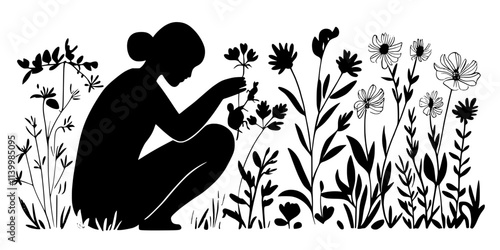 Person arranging flowering plants around the garden to provide habitats for pollinators, Vectorized Art