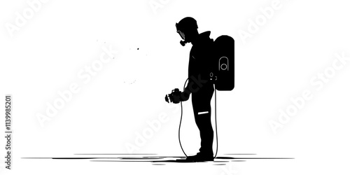Person inspecting regulator and breathing apparatus before starting an underwater exploration, Vectorized Art