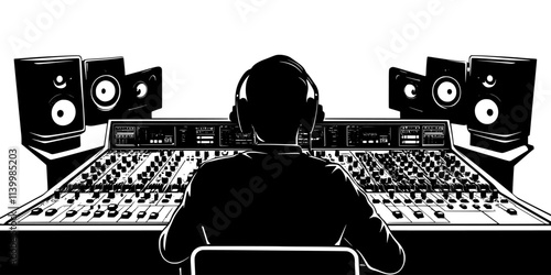 Person managing audio levels during a live music event from the sound booth, Vectorized Art