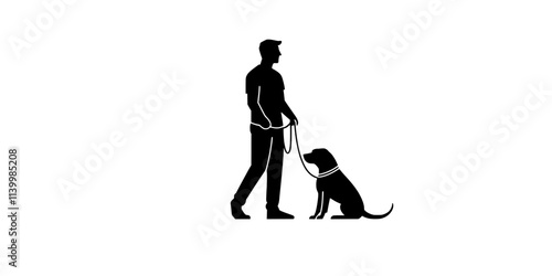 Person holding a leash while guiding a dog into a sitting position, Vectorized Art