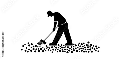 Person raking gravel to create an even surface for a garden pathway, Vectorized Art