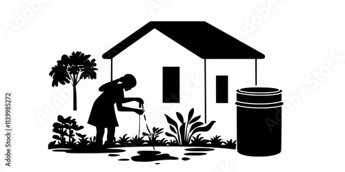 Person installing a rain barrel beside a house to collect water for gardening, Vectorized Art