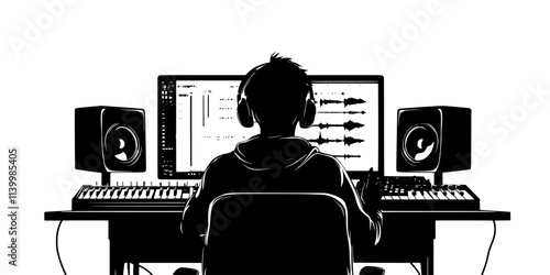 Person reviewing recorded verses and beats on a computer screen, Vectorized Art