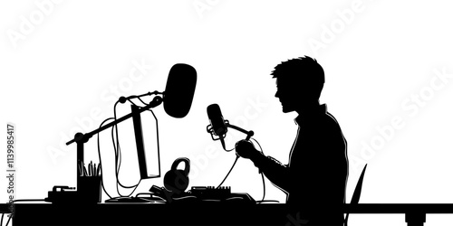 Person setting up microphones on a desk for recording vocals, Vectorized Art