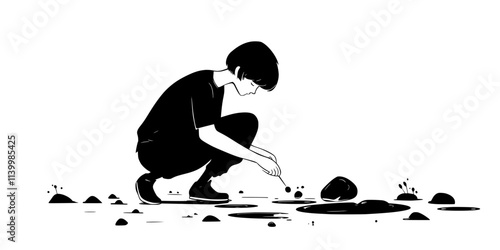 Person rolling ink onto the stone where the grease design resists the water, Vectorized Art