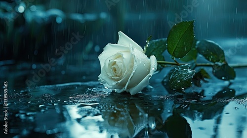 White Rose In The Rain A Solitary Bloom