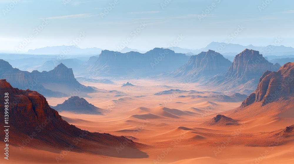 Fototapeta premium Vast desert landscape with towering mountains under a serene sky.