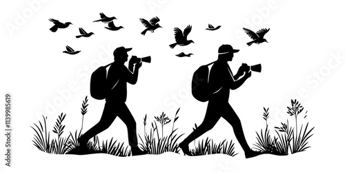 Photographers carrying gear to ideal birdwatching spots, seeking unique compositions, Vectorized Art