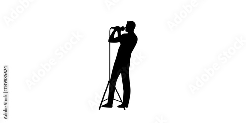 Person using a tripod to stabilize a microphone for field recording, Vectorized Art