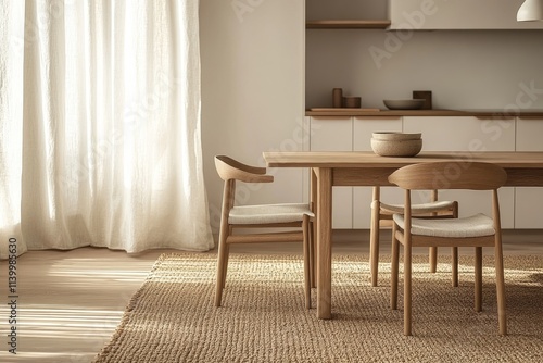 Minimalist dining room with light wood table and chairs, jute rug, and sheer curtains.