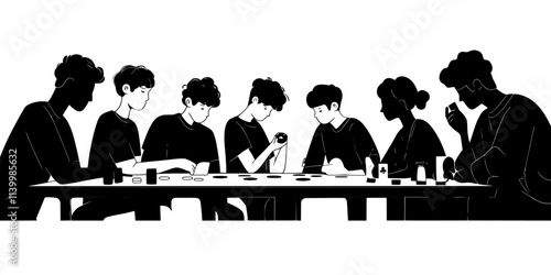 Players around a table adjusting their tokens, thinking about how best to complete game objectives, Vectorized Art