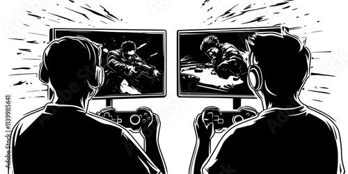 Players controlling characters in first-person view, engaging enemies in a game setting, Vectorized Art