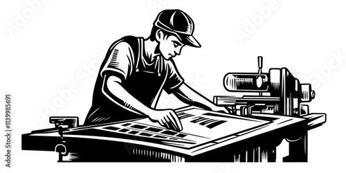 Printmaker pressing the inked plate against paper using a printing press, Vectorized Art