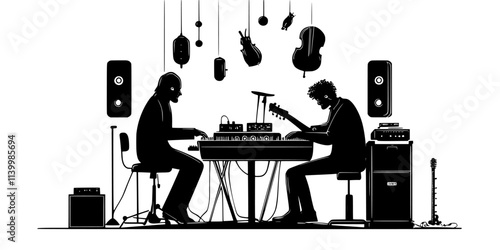 Producer collaborating with musicians to create classical recordings in a studio, Vectorized Art