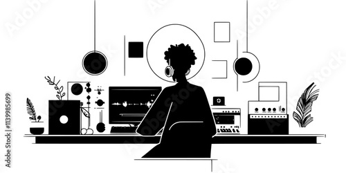 Producer experimenting with different sounds while creating hip-hop music, Vectorized Art