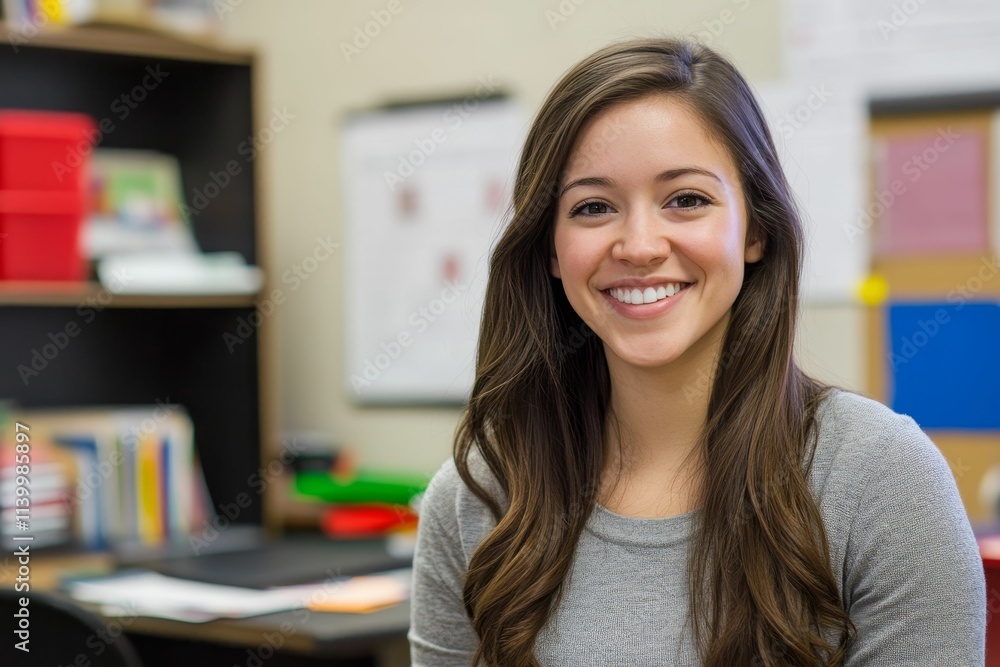 Smiling woman, long brown hair, gray sweater, classroom background. Smiling woman, long brown hair, gray sweater, classroom background.