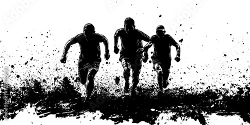 Runners navigating through muddy terrain during a challenging race, Vectorized Art