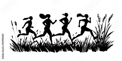 Runners navigating through grass fields while avoiding sharp objects, Vectorized Art