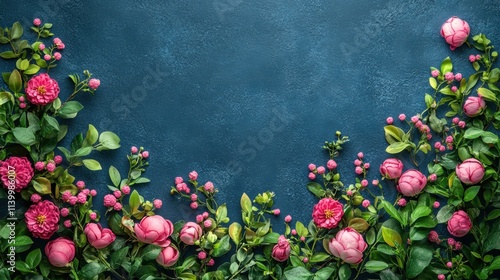 Pink peony and rose flowers with green leaves arranged symmetrically on a textured dark blue background, perfect for floral designs, romantic themes, and elegant decorative compositions. photo