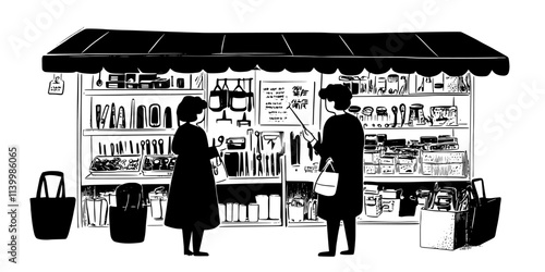 Several individuals browsing through a variety of vintage tools at an outdoor market, Vectorized Art