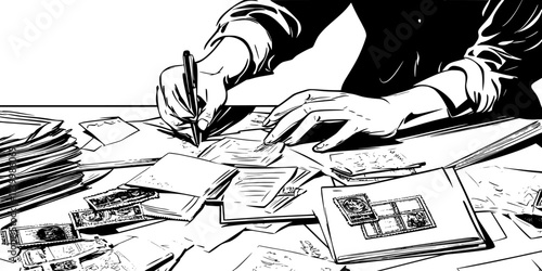 Several stamps scattered across a desk as someone sorts them into categories, Vectorized Art